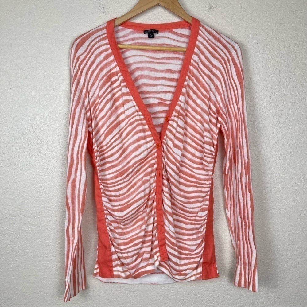 Lafayette 148 New York Linen Blend Zebra Print Striped Button Front Cardigan